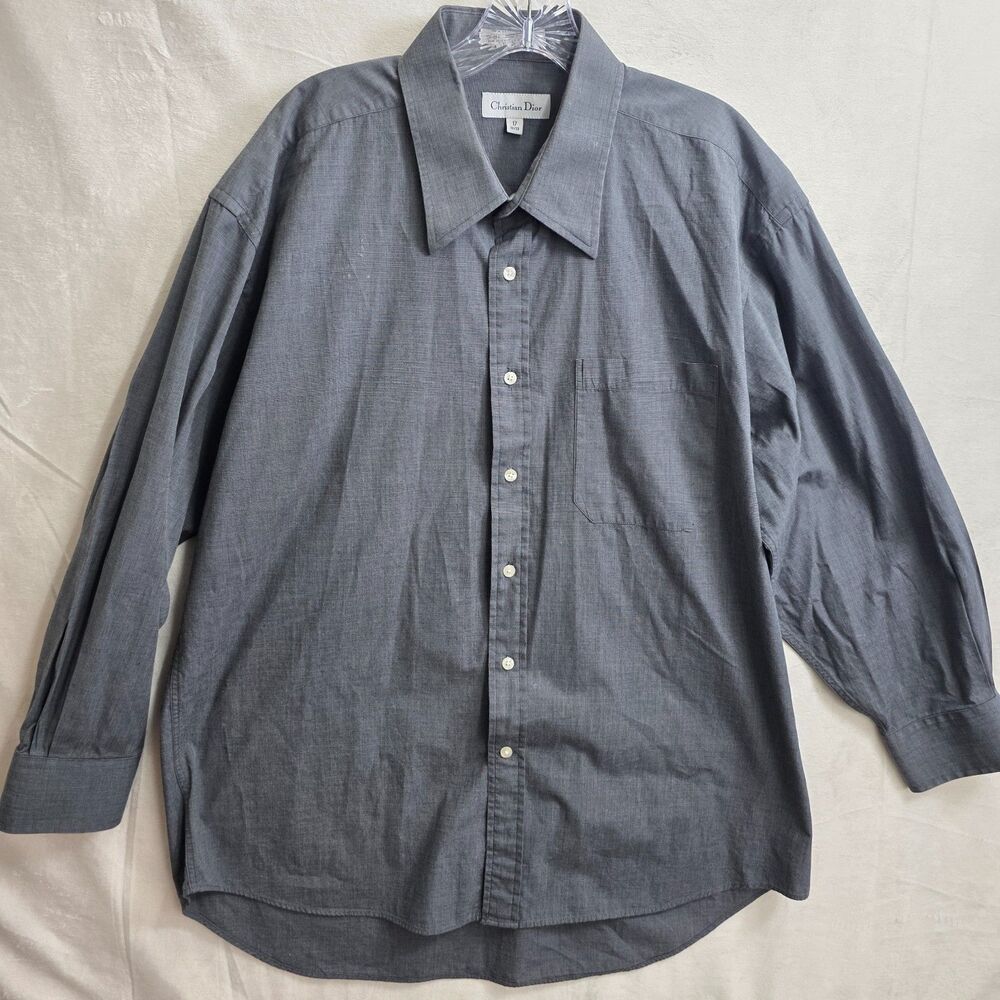 Christian Dior Men's Gray Long Sleeve Cotton Dress Shirt Size 17